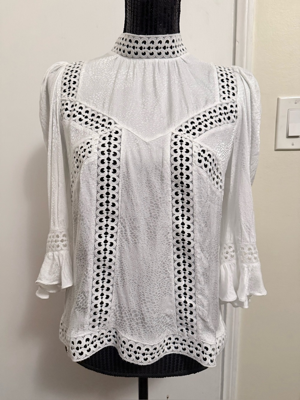The Kooples White Lace-Trim Mock Neck Women's Top